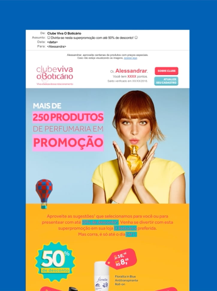 Peça de e-mail marketing do "Clube Viva O Boticário", divulgando uma promoção.