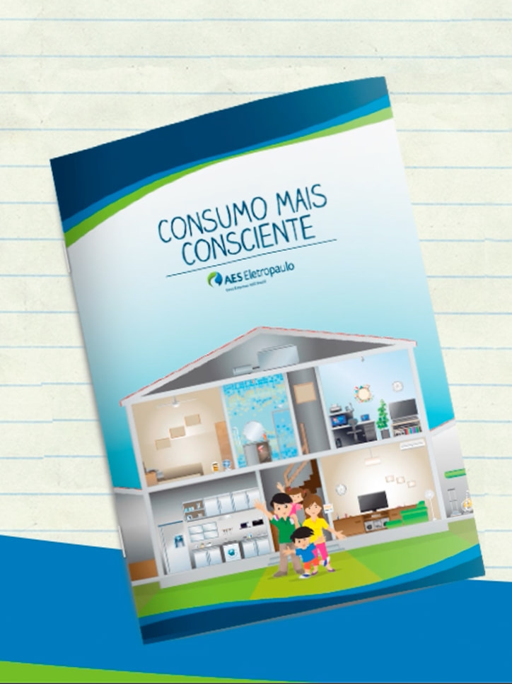 Capa de uma cartilha da AES Eletropaulo com o título "Consumo Mais Consciente", ilustrando uma casa em corte transversal com uma família em frente.