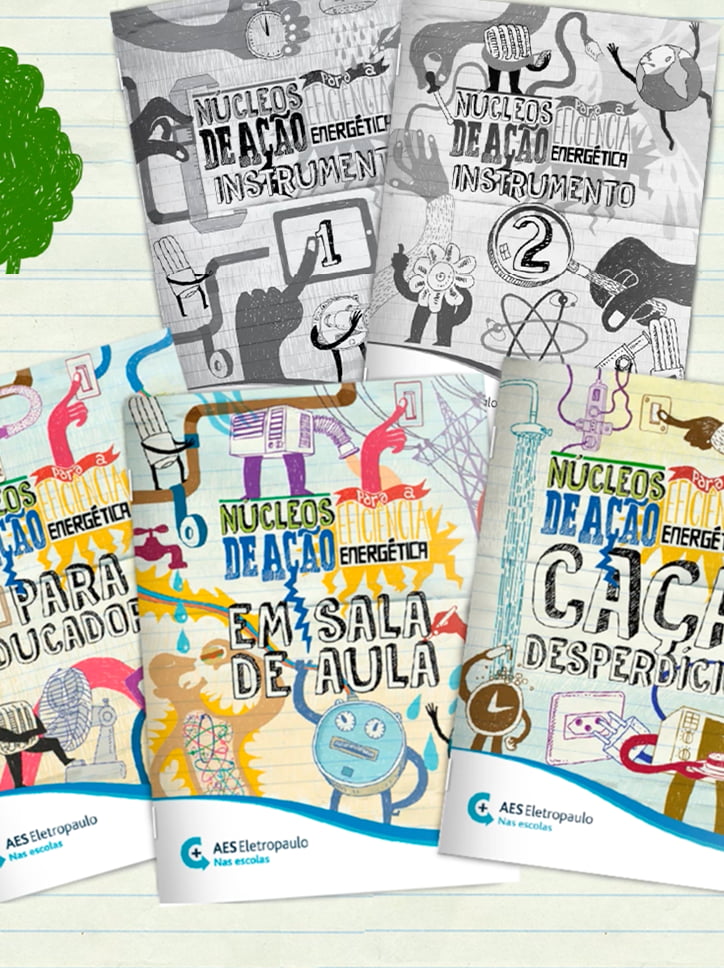 Composição de várias apostilas do projeto "AES Eletropaulo nas escolas", com títulos como "Núcleos de Ação Energética" e "Caça ao Desperdício".