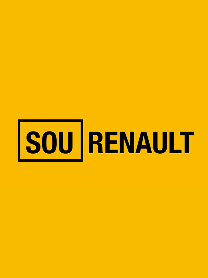 Logo da campanha "Sou Renault", com o nome da marca sobre um fundo amarelo.