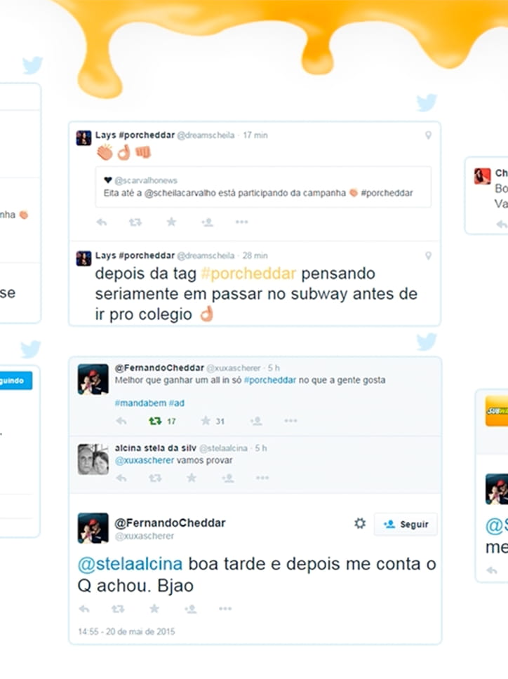 Compilação de tweets de usuários interagindo com a campanha #PorCheddar da Subway, mostrando o engajamento e a repercussão da ação nas redes sociais.