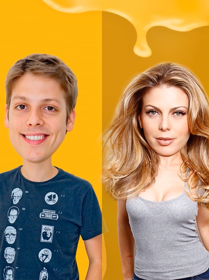 Peça de campanha visual para a Subway com os influenciadores Fábio Porchat e Sheila Mello, apresentando uma montagem em caricatura sobre um fundo amarelo.