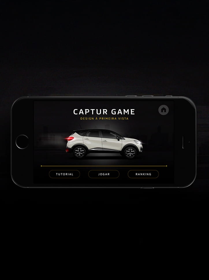 Tela inicial do "Captur Game", um jogo para celular criado para a Renault, com o carro em destaque.