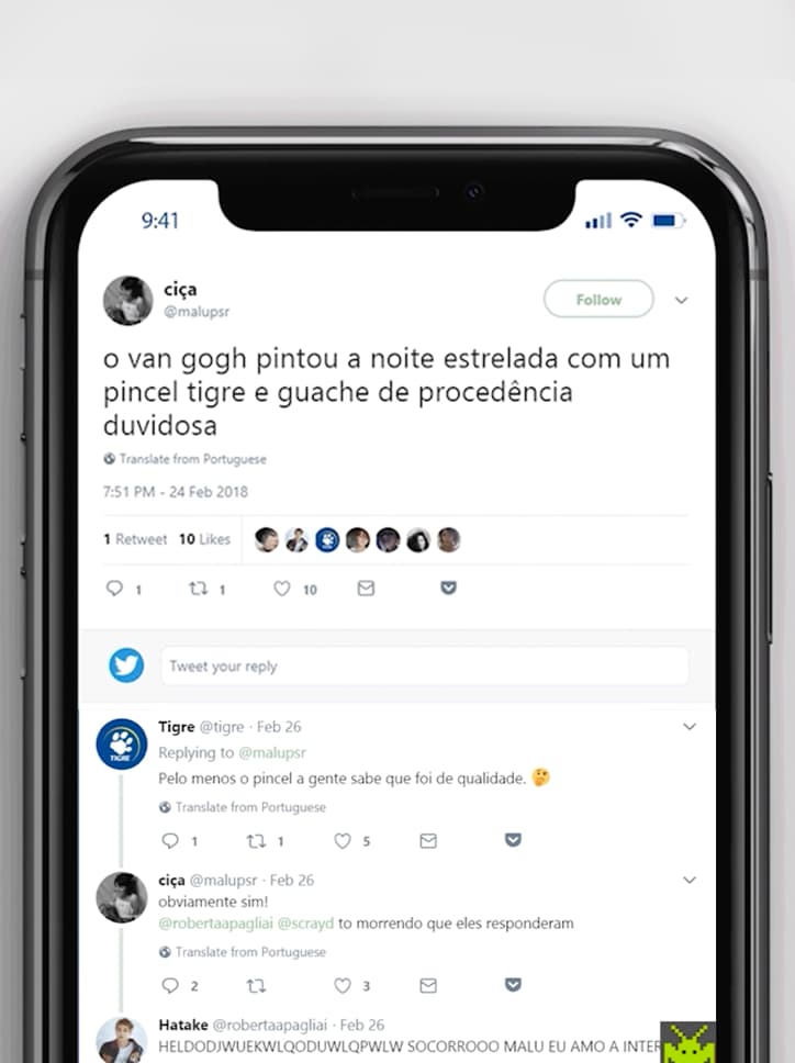 Tela de um celular mostrando uma interação da marca Tigre no Twitter, com uma resposta espirituosa a um tweet sobre Van Gogh.