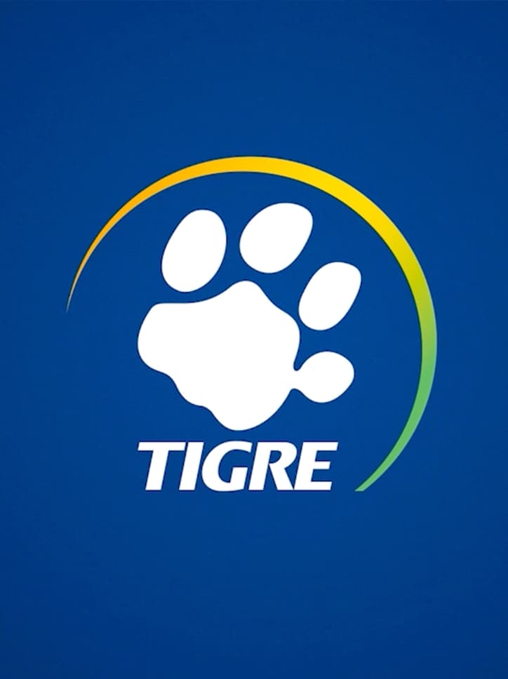 Logo da marca Tigre, mostrando a pata branca, símbolo da empresa, sobre um fundo azul.