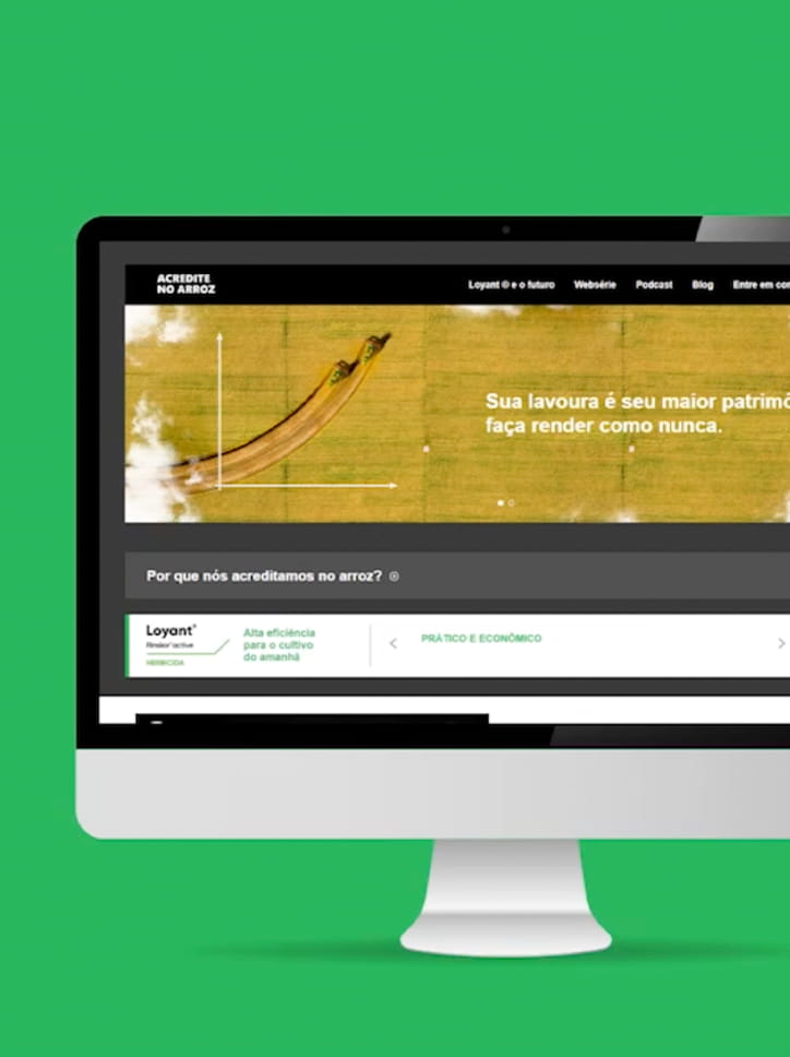 Site da linha arroz com visual da campanha "Acredite no Arroz" da Corteva, contendo a chamada "Sua lavoura é seu maior patrimônio" com destaque para o herbicida Loyant.