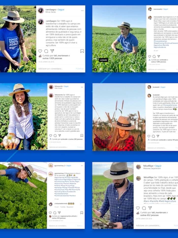 Compilação de conteúdo gerado por usuários, mostrando posts de seis influenciadores do agronegócio no Instagram como parte de uma campanha da Corteva.