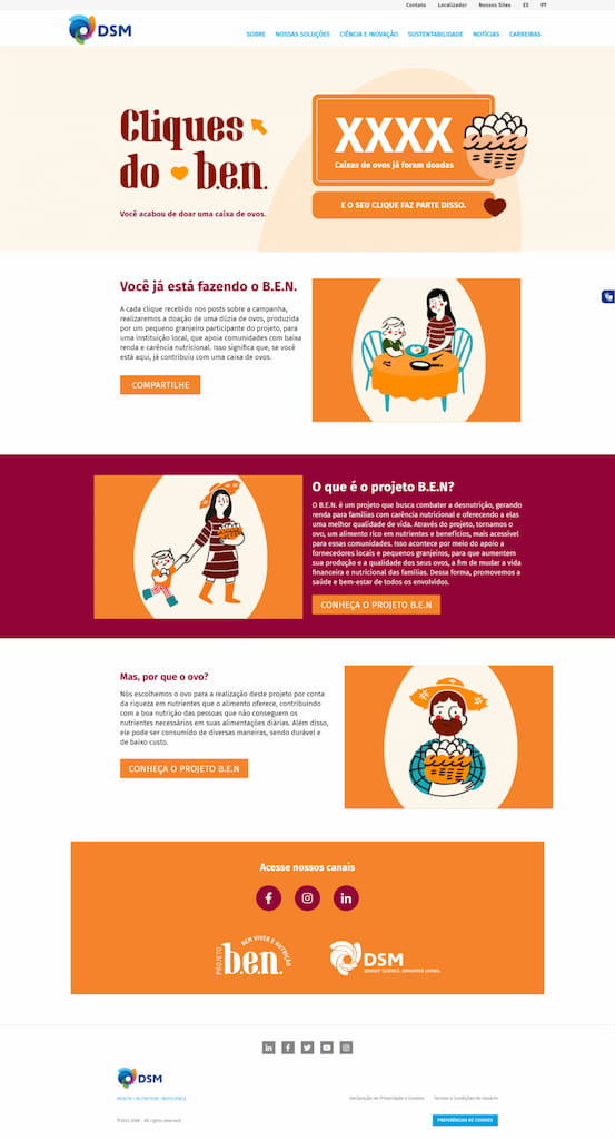 Layout completo da landing page para o projeto "Cliques do Bem" da DSM, detalhando a campanha de doação de ovos do Projeto B.E.N.