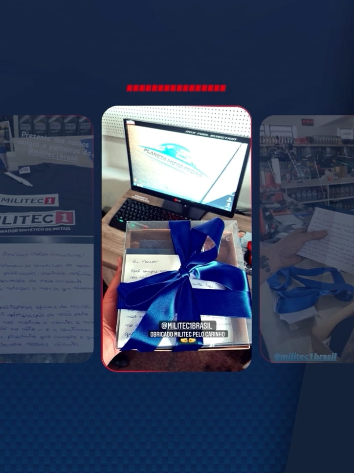Mosaico de imagens de um unboxing de um kit da MILITEC 1, mostrando o agradecimento de um parceiro à marca @militec1brasil.