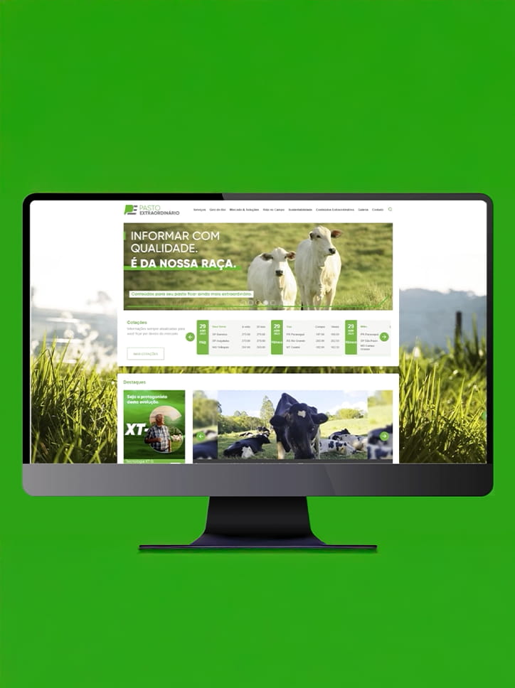 Página inicial do site "Pasto Extraordinário" da Corteva, com o slogan "Informar com qualidade. É da nossa raça.".