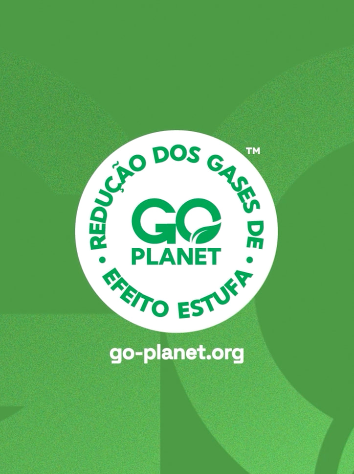 Identidade visual do selo Go Planet, que certifica a "Redução dos Gases de Efeito Estufa", destacando o logotipo e o site da organização.
