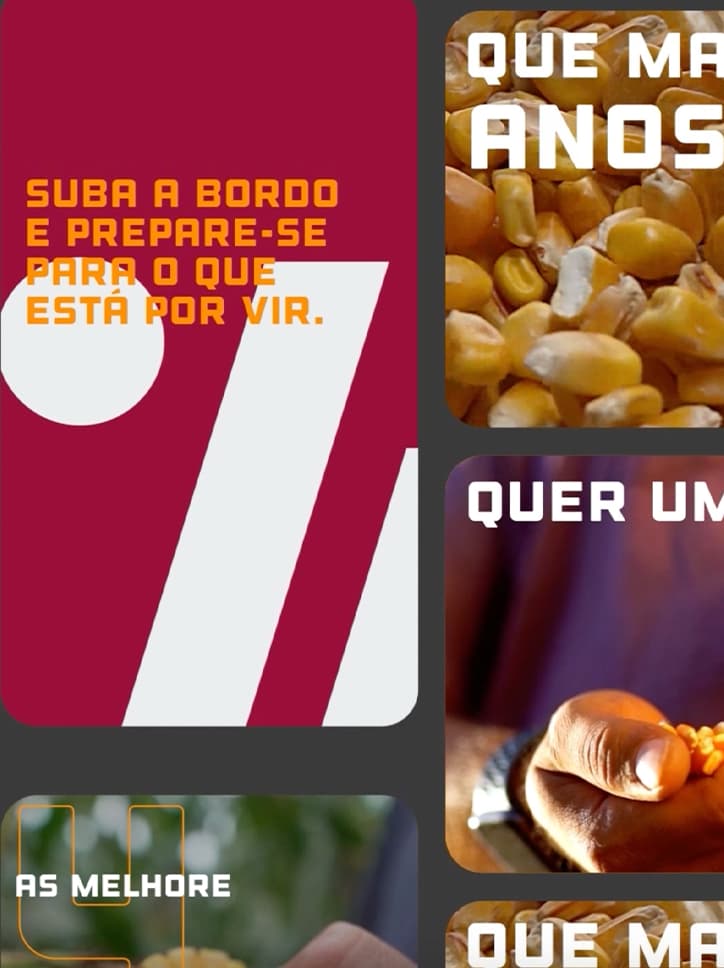 Composição de imagens relacionadas à Brevant Sementes, com fotos de milho e a frase "Suba a bordo e prepare-se para o que está por vir".