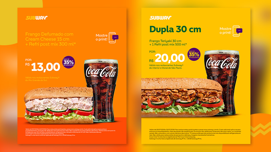 Anúncios de duas promoções da Subway: "Frango Defumado com Cream Cheese" e "Dupla 30 cm".