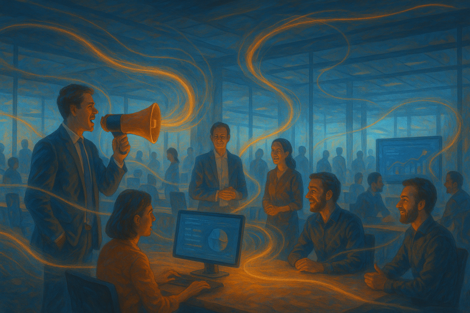 Ilustração conceitual de um escritório onde líderes e colaboradores trocam mensagens fluidas, simbolizando como o engajamento interno fortalece a comunicação interna, a cultura organizacional e o alinhamento da marca.