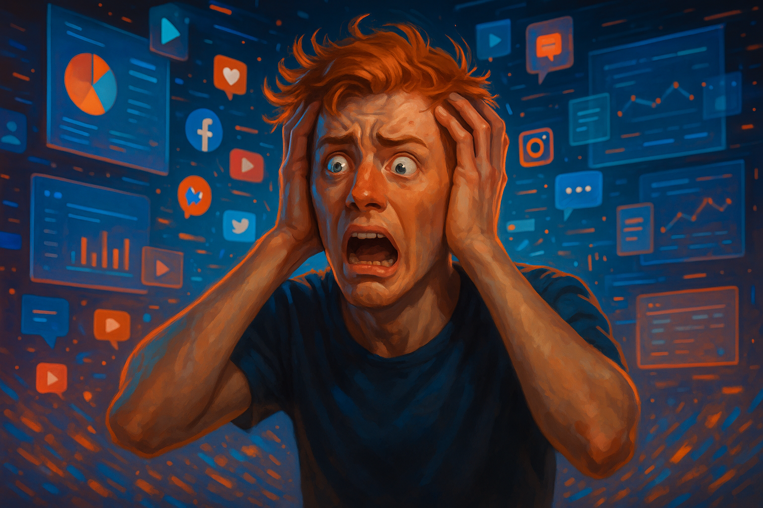 Ilustração de um homem ruivo segurando a cabeça com expressão de sobrecarga digital, cercado por ícones e janelas de redes sociais e gráficos em tons de azul e laranja ao fundo.