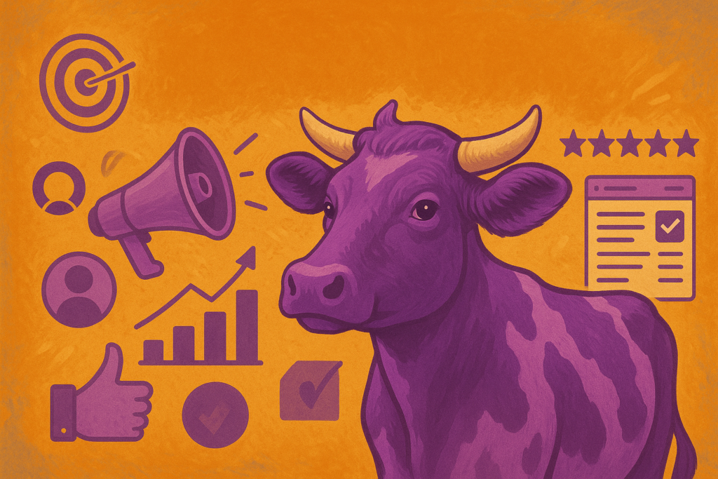 Ilustração de uma vaca roxa em destaque sobre fundo laranja, cercada por ícones relacionados a marketing digital, como gráfico de crescimento, megafone, alvo, avaliação com estrelas, perfil de usuário, polegar para cima e checklist.