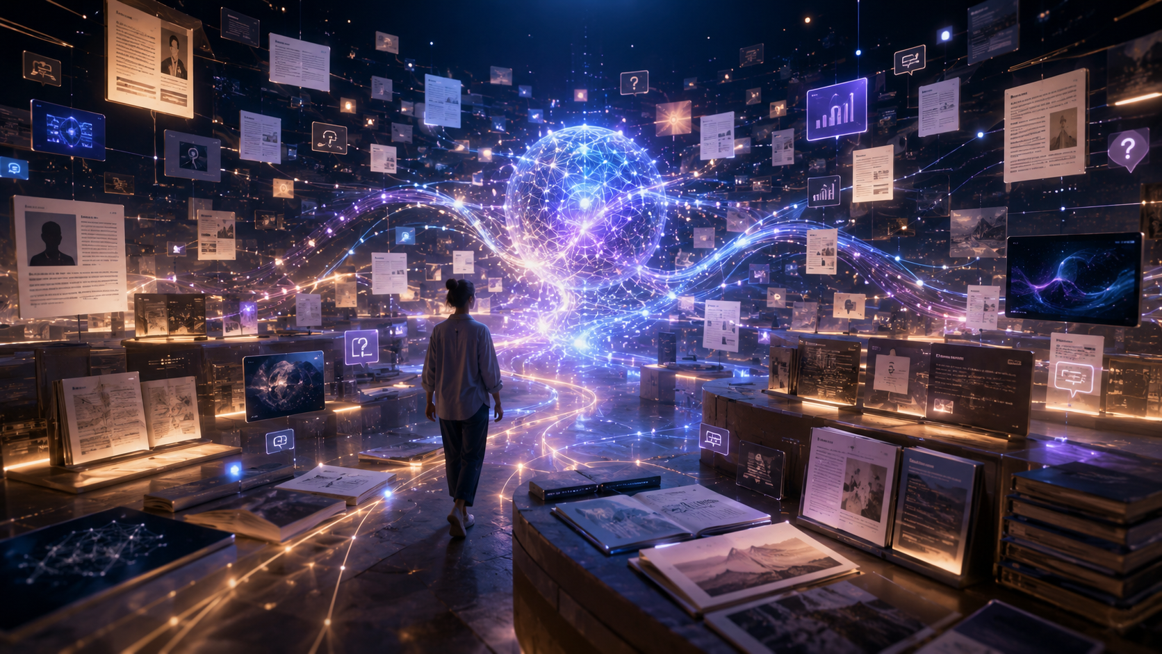 Pessoa caminhando por uma biblioteca digital futurista, cercada por documentos, dados, perguntas e conexões luminosas organizadas por uma inteligência artificial central, representando novos ambientes de busca mediados por LLMs.
