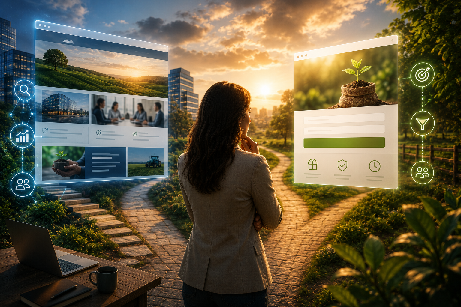 Profissional diante de dois caminhos digitais, representados por interfaces de um site institucional e de uma landing page, simbolizando a escolha entre presença de marca, tráfego orgânico e conversão em campanhas.