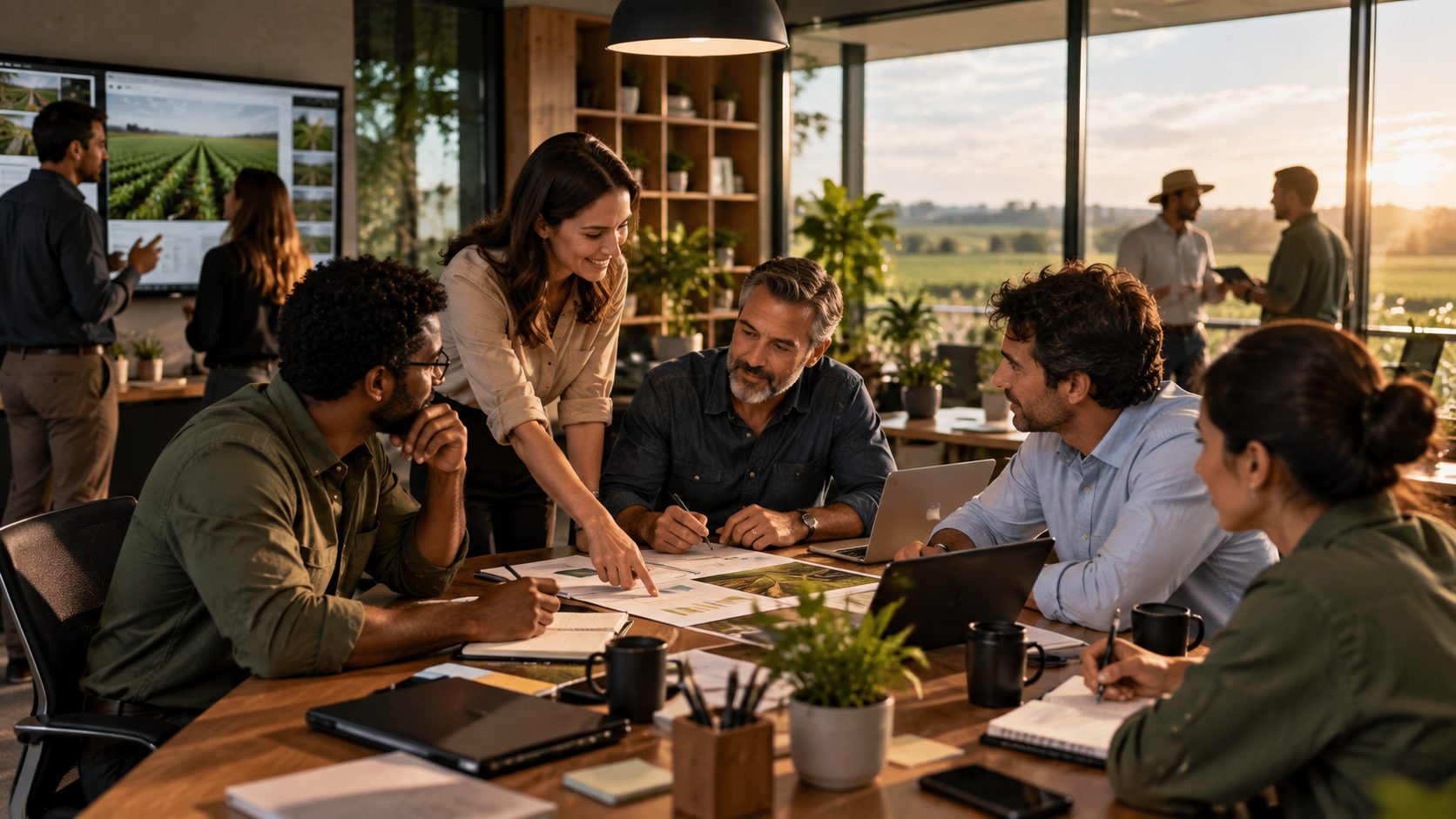 Equipe de profissionais reunida em um escritório com vista para o campo, discutindo estratégias e materiais ligados ao agronegócio e ao relacionamento com clientes.