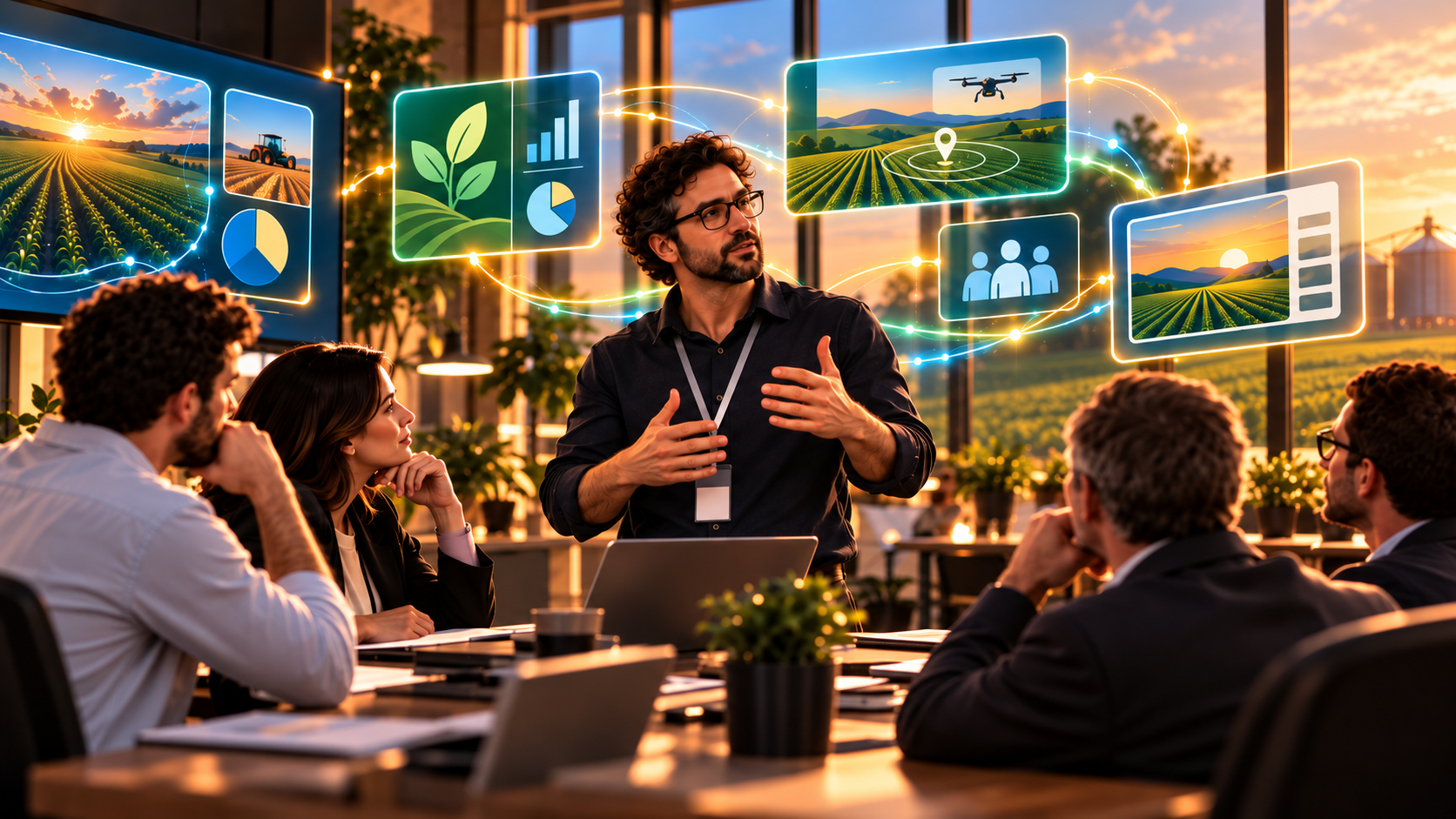 Especialista técnico conversa com profissionais de negócios em um ambiente ligado ao agronegócio, representando influência, credibilidade e decisão de compra B2B.