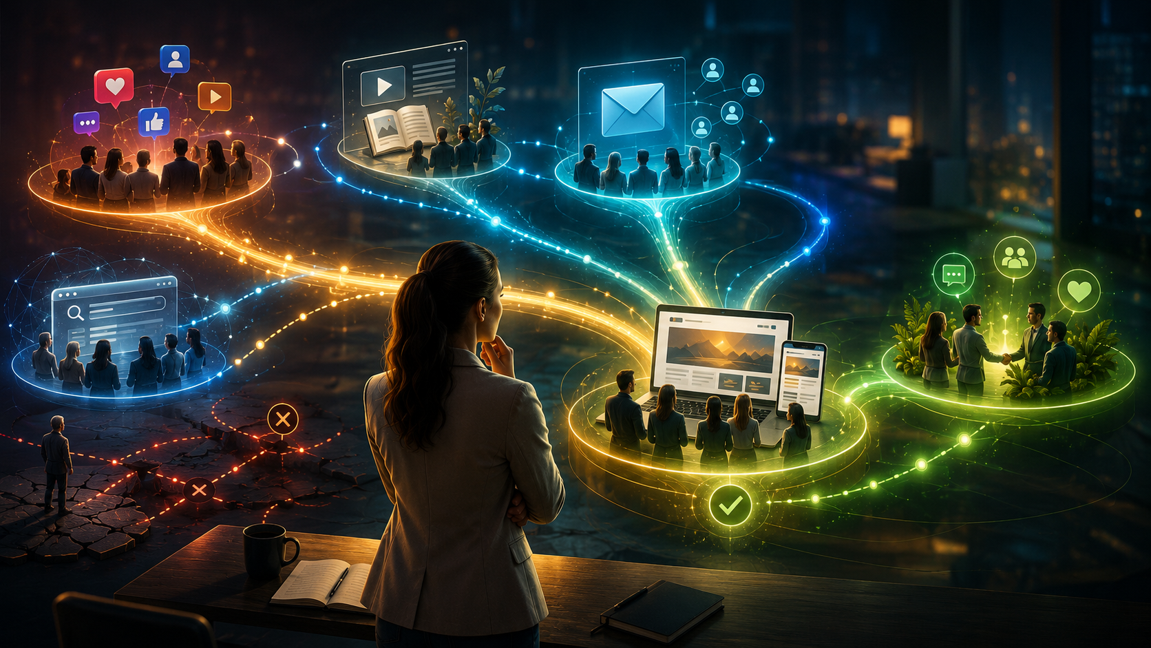 Profissional analisando um ecossistema digital com redes sociais, busca, conteúdo, e-mail, site e relacionamento conectados por fluxos de dados, representando uma estratégia multicanal integrada.