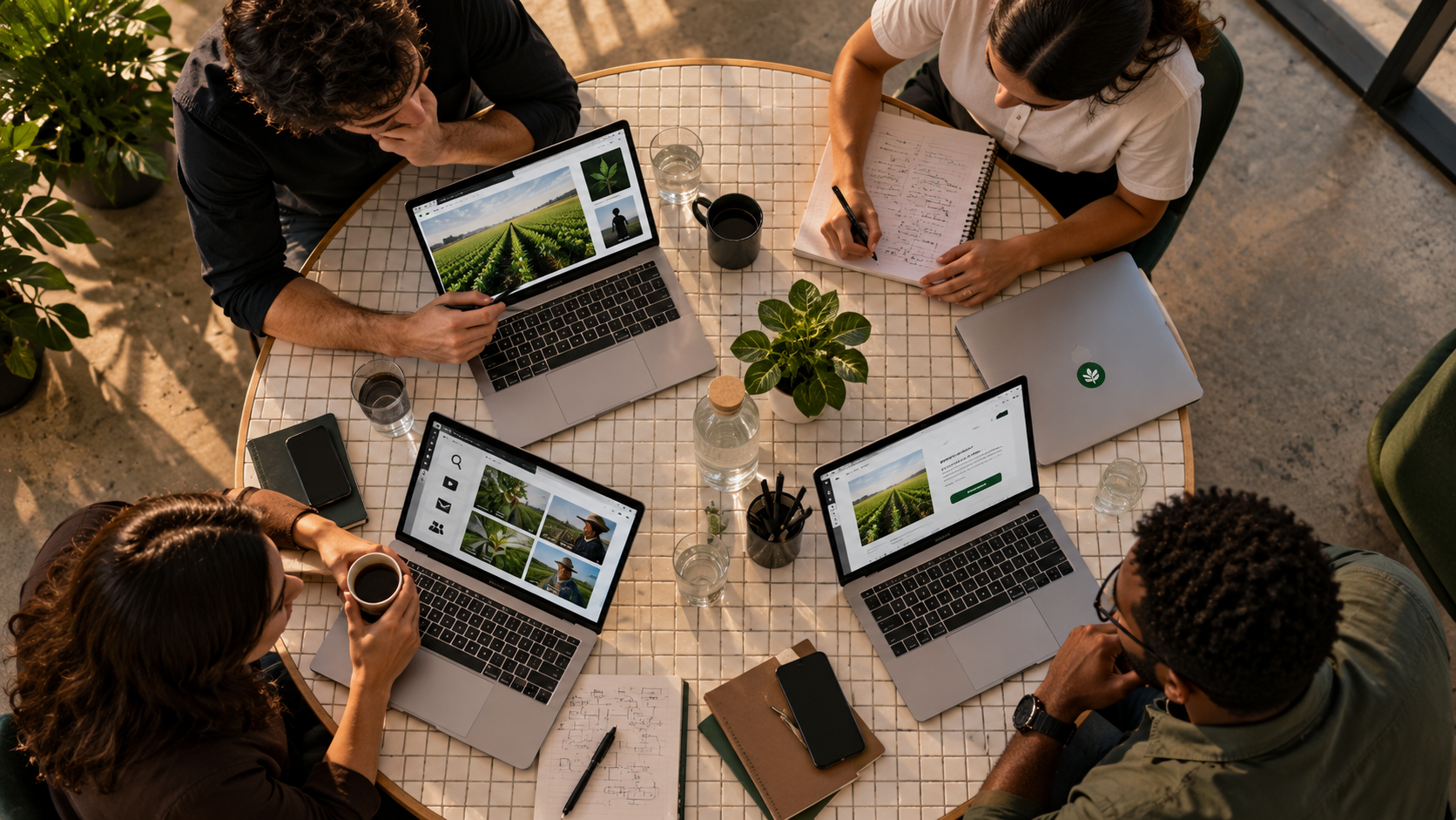 Profissional analisando painéis digitais que conectam público, criativos, landing page, canais e conversão em um escritório com vista para o campo.