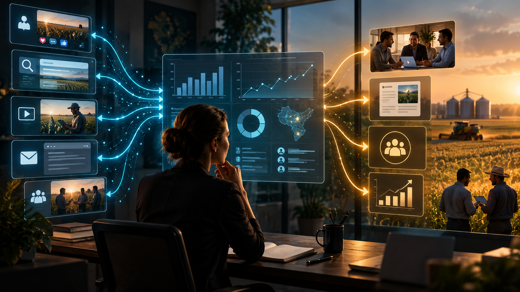 Profissional analisando fluxos de dados conectados a dashboards, campanhas e operações do agronegócio, representando o uso de métricas na tomada de decisões estratégicas.