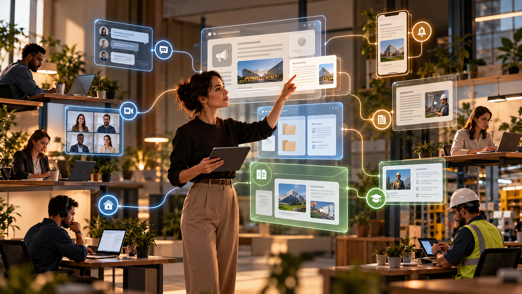 Profissional organiza canais digitais enquanto colaboradores de escritório, operação e campo acessam informações em diferentes dispositivos e estações de trabalho.